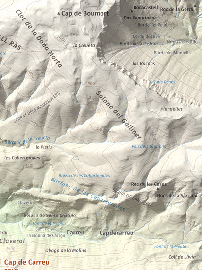 Mapa de relieve de Cap de Carreu, 1749 m, Pallars Jussà, lámina 100 Cims de Trobart. Detalle de la zona superior derecha. 30 × 40 cm.