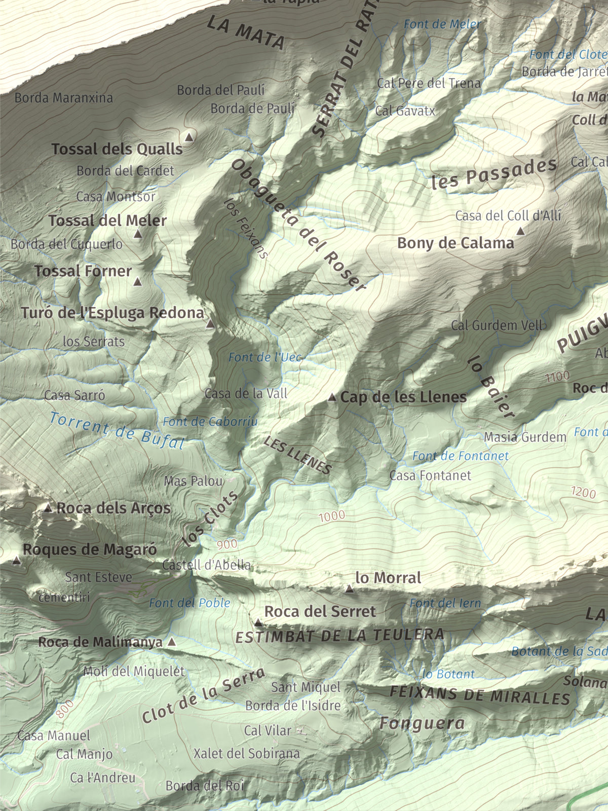 Mapa de relieve de Cap de Carreu, 1749 m, Pallars Jussà, lámina 100 Cims de Trobart. Detalle de la zona inferior izquierda. 30 × 40 cm.