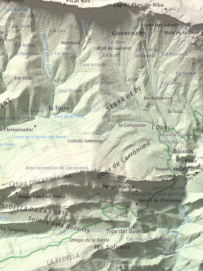 Mapa de relieve de Cap de Carreu, 1749 m, Pallars Jussà, lámina 100 Cims de Trobart. Detalle de la zona inferior derecha. 30 × 40 cm.