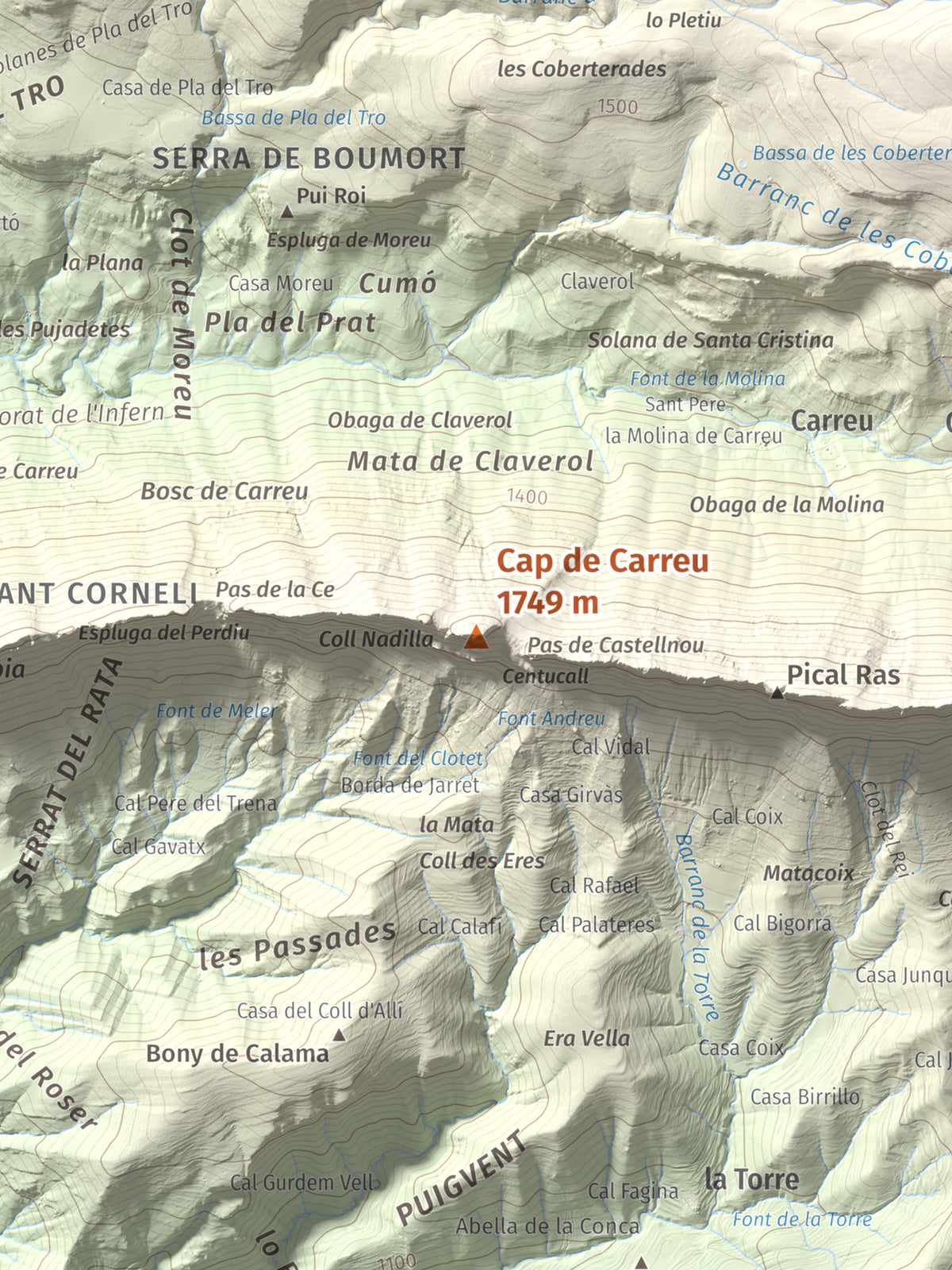 Mapa de relieve de Cap de Carreu, 1749 m, Pallars Jussà, lámina 100 Cims de Trobart. Detalle de la zona central. 30 × 40 cm.
