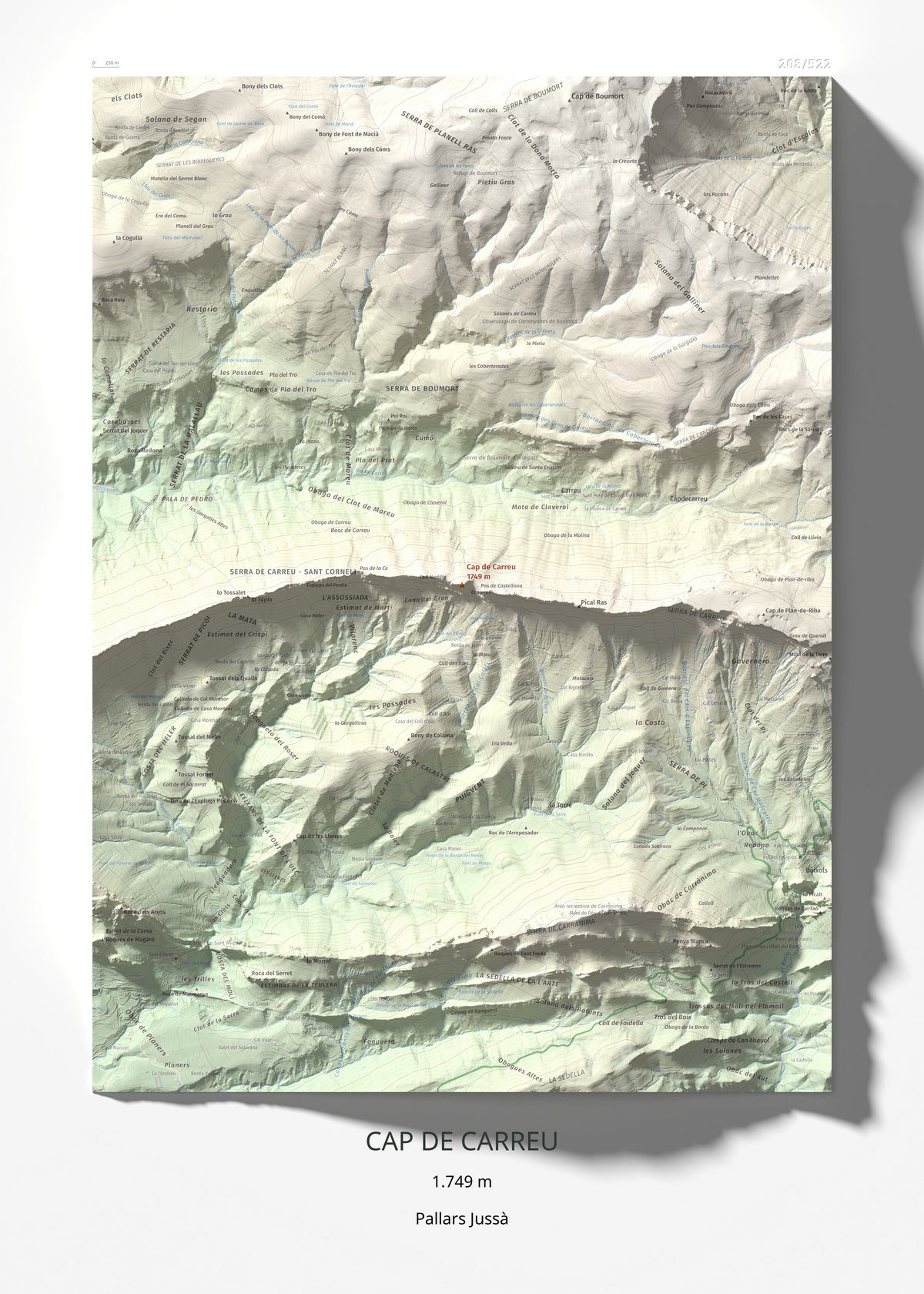 Mapa de relieve de Cap de Carreu, 1749 m, Pallars Jussà, lámina 100 Cims de Trobart 50 × 70 cm.