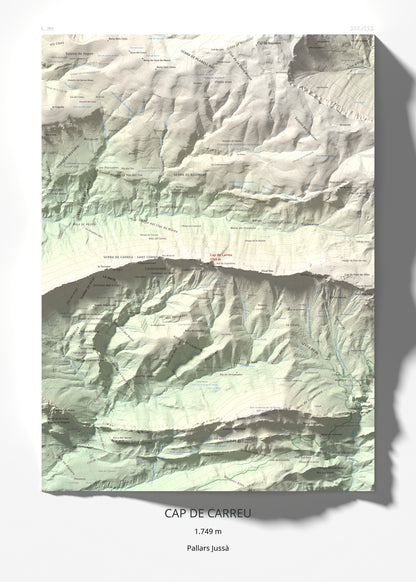 Mapa de relieve de Cap de Carreu, 1749 m, Pallars Jussà, lámina 100 Cims de Trobart 50 × 70 cm.