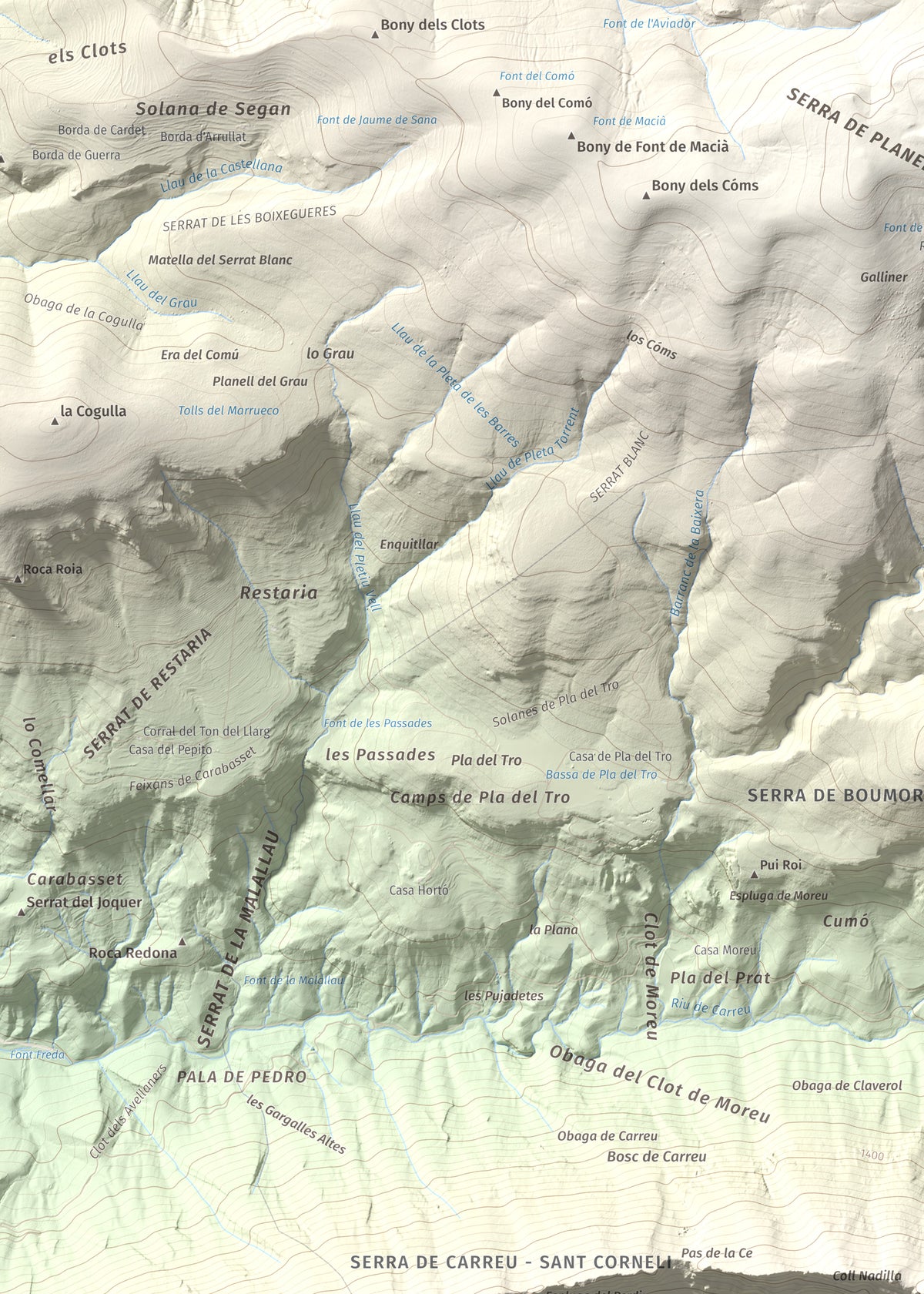 Mapa de relieve de Cap de Carreu, 1749 m, Pallars Jussà, lámina 100 Cims de Trobart. Detalle de la zona superior izquierda. 50 × 70 cm.