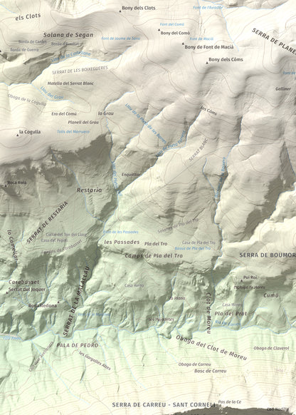 Mapa de relieve de Cap de Carreu, 1749 m, Pallars Jussà, lámina 100 Cims de Trobart. Detalle de la zona superior izquierda. 50 × 70 cm.
