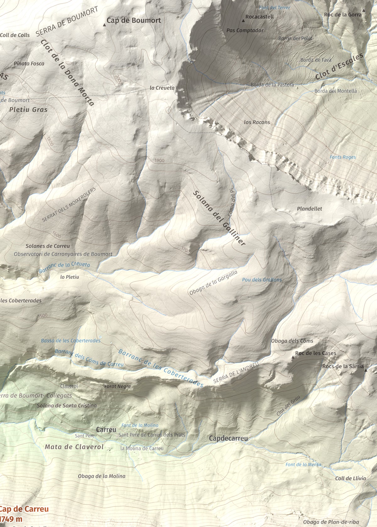 Mapa de relieve de Cap de Carreu, 1749 m, Pallars Jussà, lámina 100 Cims de Trobart. Detalle de la zona superior derecha. 50 × 70 cm.