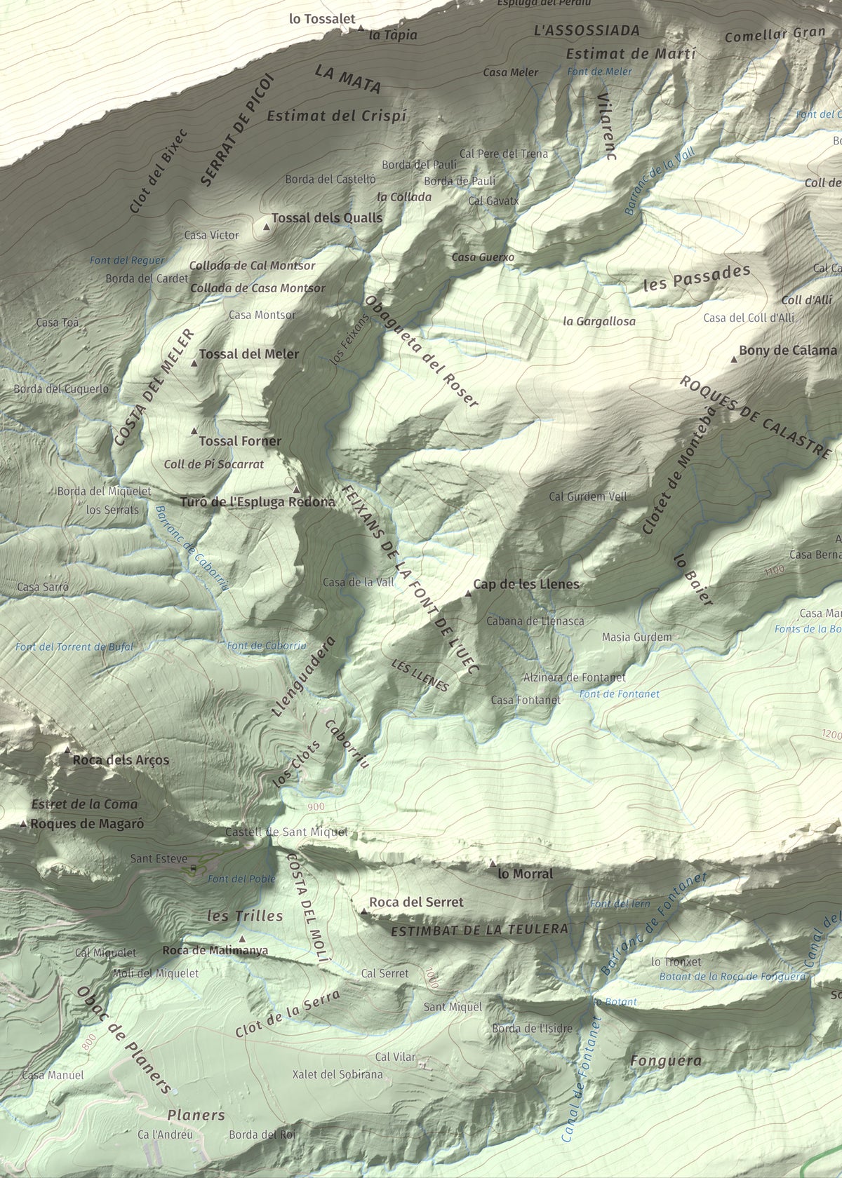 Mapa de relieve de Cap de Carreu, 1749 m, Pallars Jussà, lámina 100 Cims de Trobart. Detalle de la zona inferior izquierda. 50 × 70 cm.