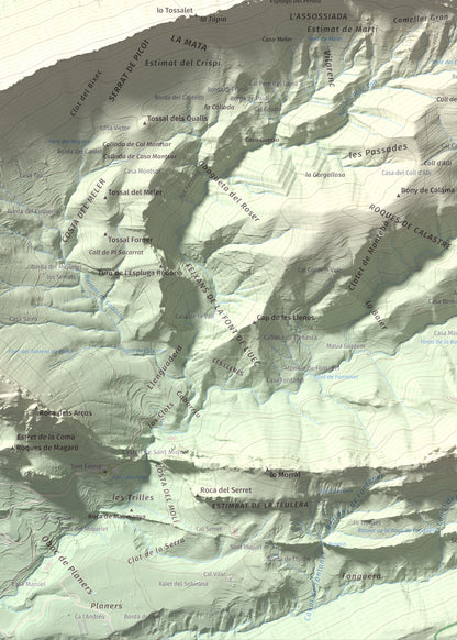 Mapa de relieve de Cap de Carreu, 1749 m, Pallars Jussà, lámina 100 Cims de Trobart. Detalle de la zona inferior izquierda. 50 × 70 cm.