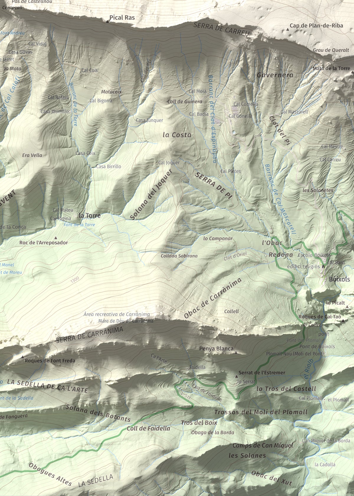 Mapa de relieve de Cap de Carreu, 1749 m, Pallars Jussà, lámina 100 Cims de Trobart. Detalle de la zona inferior derecha. 50 × 70 cm.