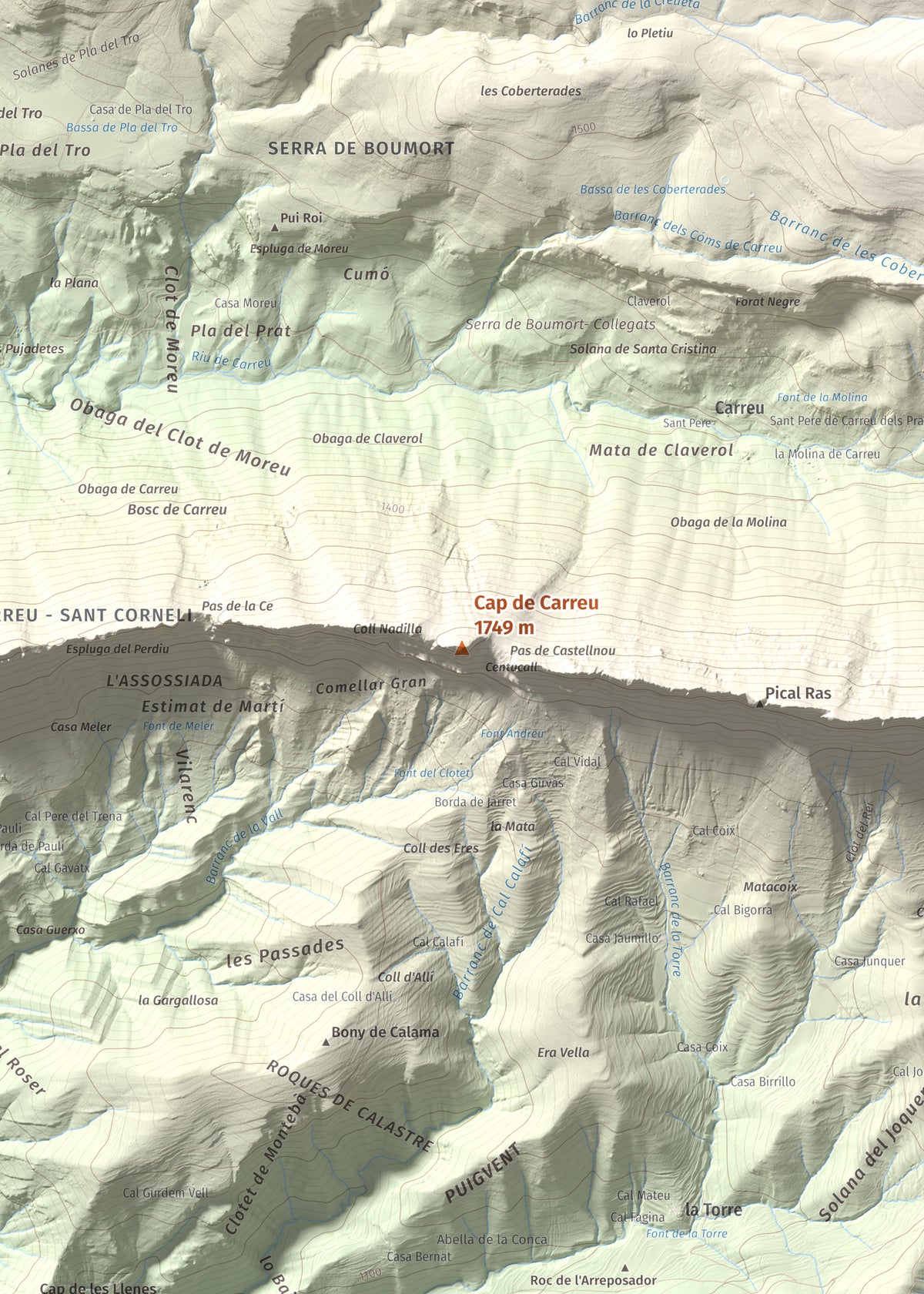 Mapa de relieve de Cap de Carreu, 1749 m, Pallars Jussà, lámina 100 Cims de Trobart. Detalle de la zona central. 50 × 70 cm.