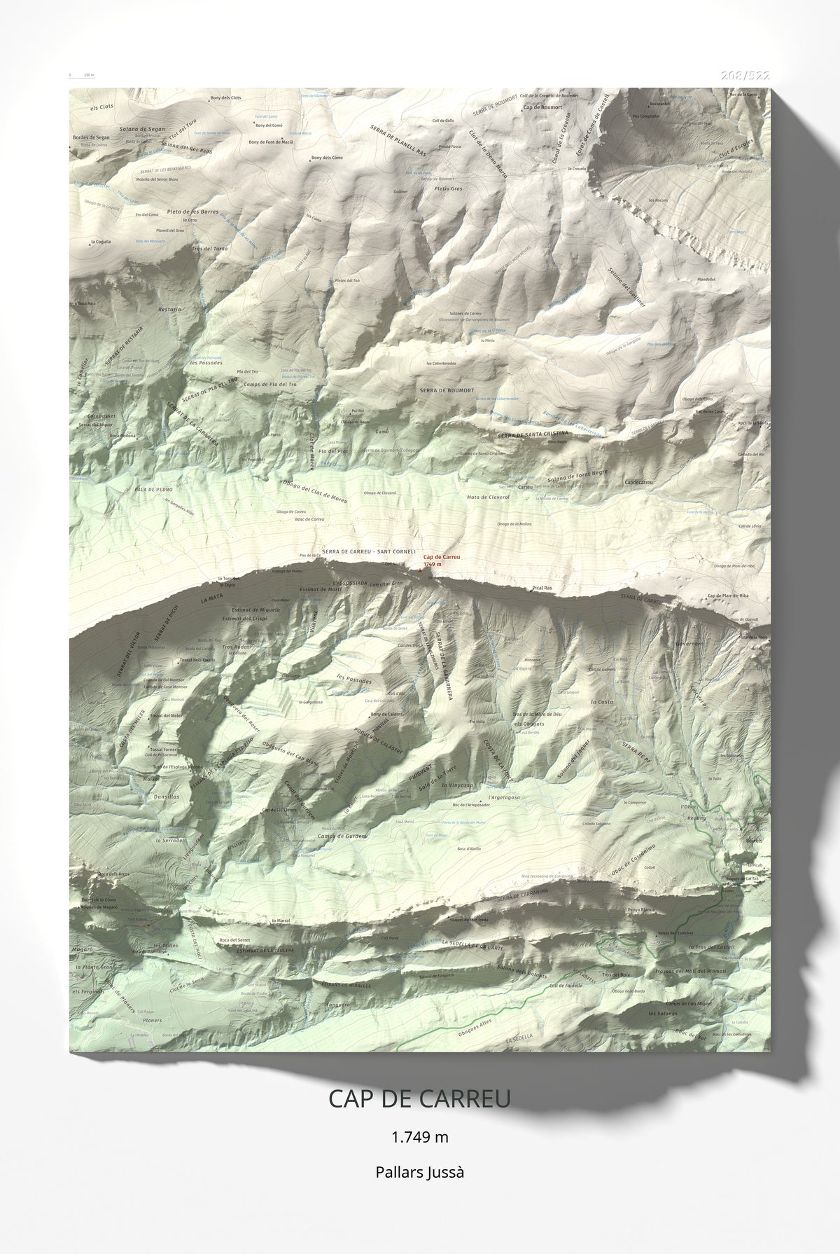 Mapa de relieve de Cap de Carreu, 1749 m, Pallars Jussà, lámina 100 Cims de Trobart 61 × 91 cm.
