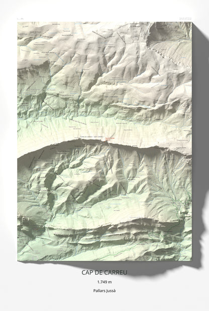 Mapa de relieve de Cap de Carreu, 1749 m, Pallars Jussà, lámina 100 Cims de Trobart 61 × 91 cm.
