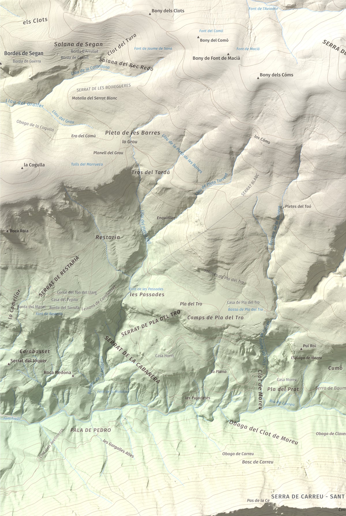 Mapa de relieve de Cap de Carreu, 1749 m, Pallars Jussà, lámina 100 Cims de Trobart. Detalle de la zona superior izquierda. 61 × 91 cm.