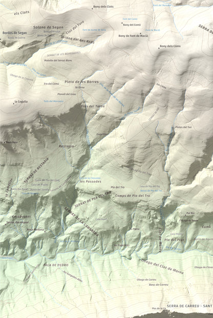 Mapa de relieve de Cap de Carreu, 1749 m, Pallars Jussà, lámina 100 Cims de Trobart. Detalle de la zona superior izquierda. 61 × 91 cm.
