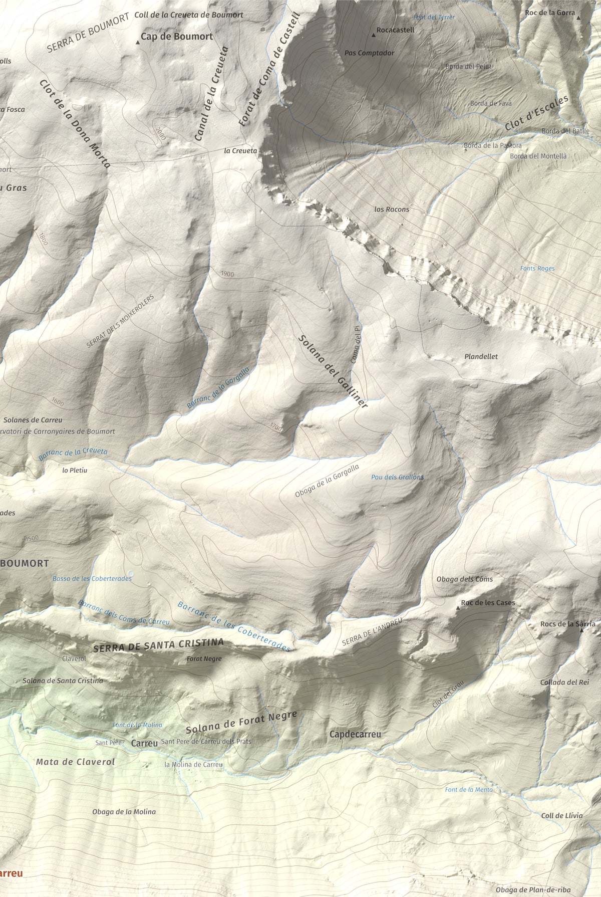 Mapa de relieve de Cap de Carreu, 1749 m, Pallars Jussà, lámina 100 Cims de Trobart. Detalle de la zona superior derecha. 61 × 91 cm.