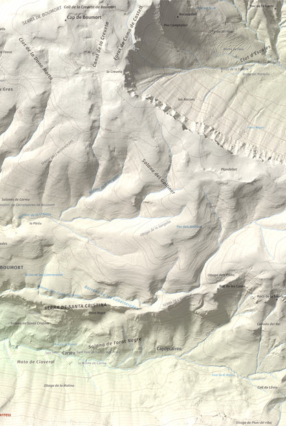 Mapa de relieve de Cap de Carreu, 1749 m, Pallars Jussà, lámina 100 Cims de Trobart. Detalle de la zona superior derecha. 61 × 91 cm.