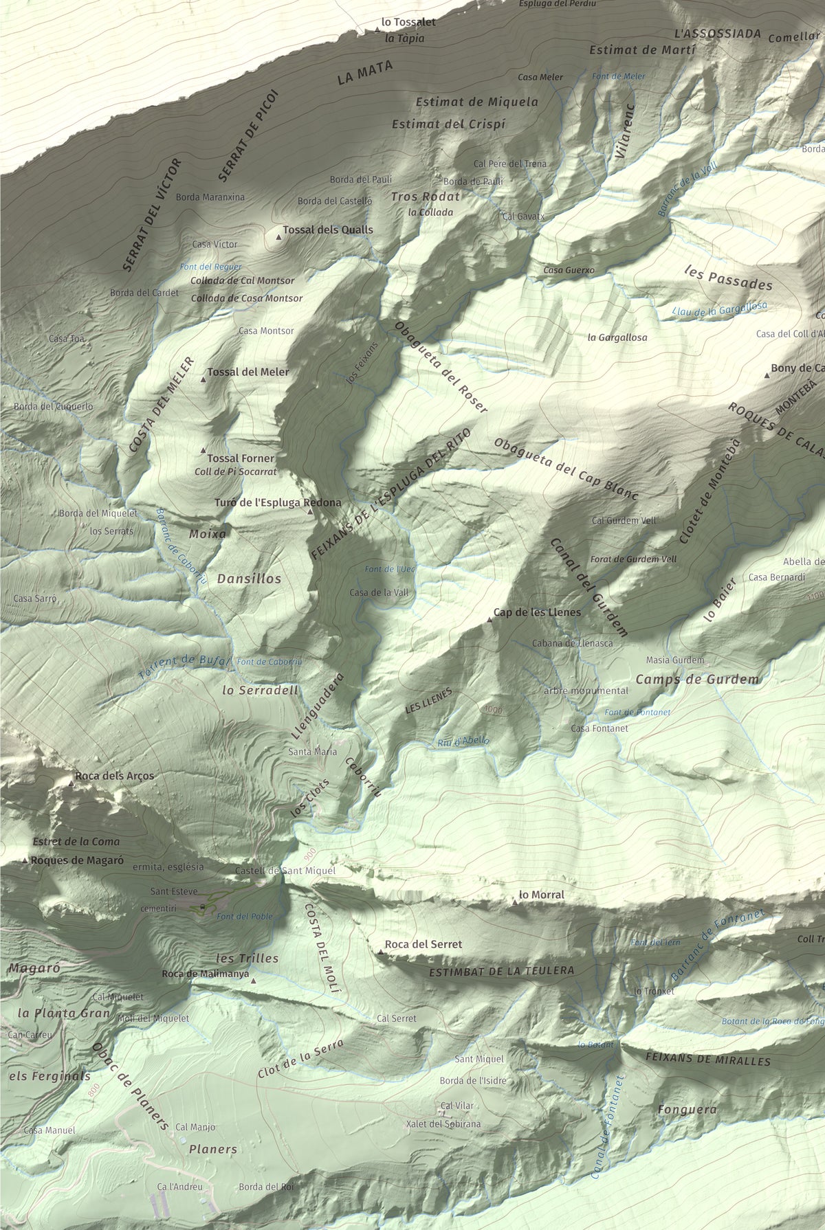 Mapa de relieve de Cap de Carreu, 1749 m, Pallars Jussà, lámina 100 Cims de Trobart. Detalle de la zona inferior izquierda. 61 × 91 cm.