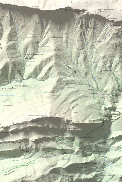 Mapa de relieve de Cap de Carreu, 1749 m, Pallars Jussà, lámina 100 Cims de Trobart. Detalle de la zona inferior derecha. 61 × 91 cm.