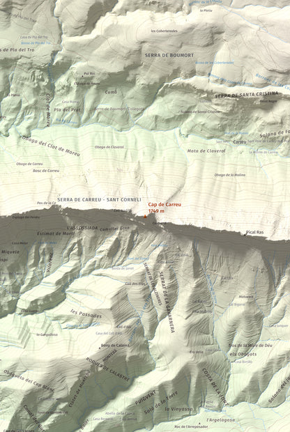 Mapa de relieve de Cap de Carreu, 1749 m, Pallars Jussà, lámina 100 Cims de Trobart. Detalle de la zona central. 61 × 91 cm.