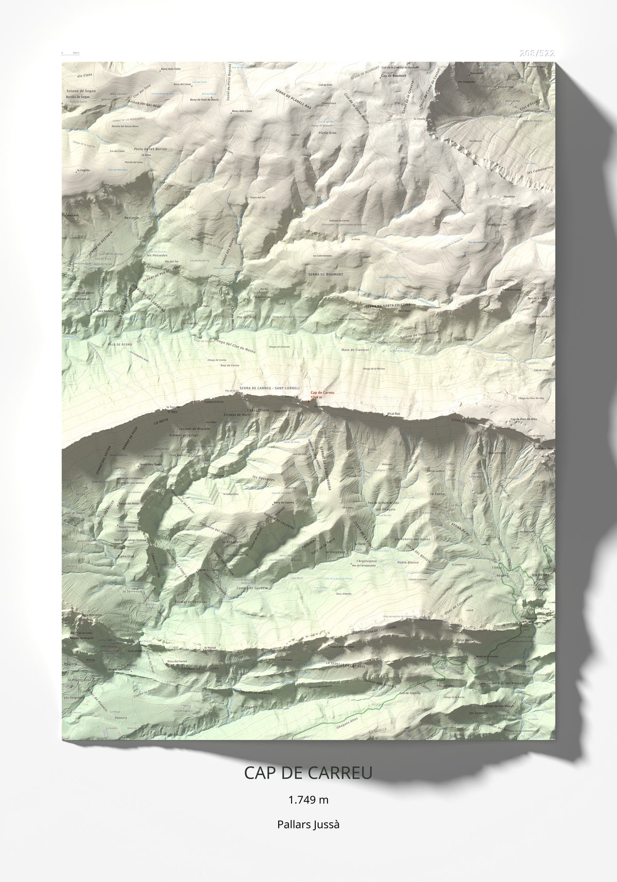 Mapa de relieve de Cap de Carreu, 1749 m, Pallars Jussà, lámina 100 Cims de Trobart 70 × 100 cm.