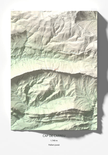 Mapa de relieve de Cap de Carreu, 1749 m, Pallars Jussà, lámina 100 Cims de Trobart 70 × 100 cm.