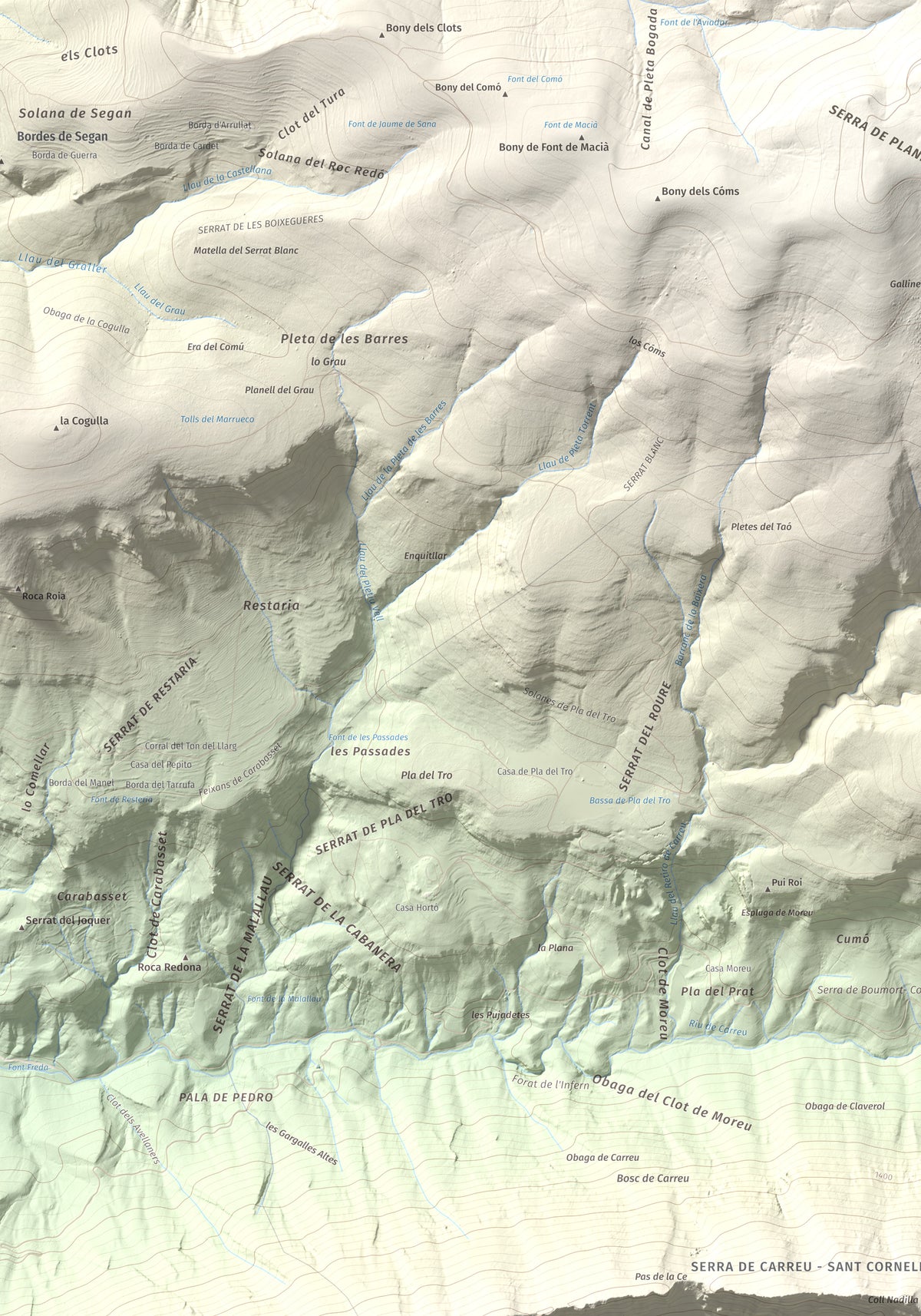Mapa de relieve de Cap de Carreu, 1749 m, Pallars Jussà, lámina 100 Cims de Trobart. Detalle de la zona superior izquierda. 70 × 100 cm.