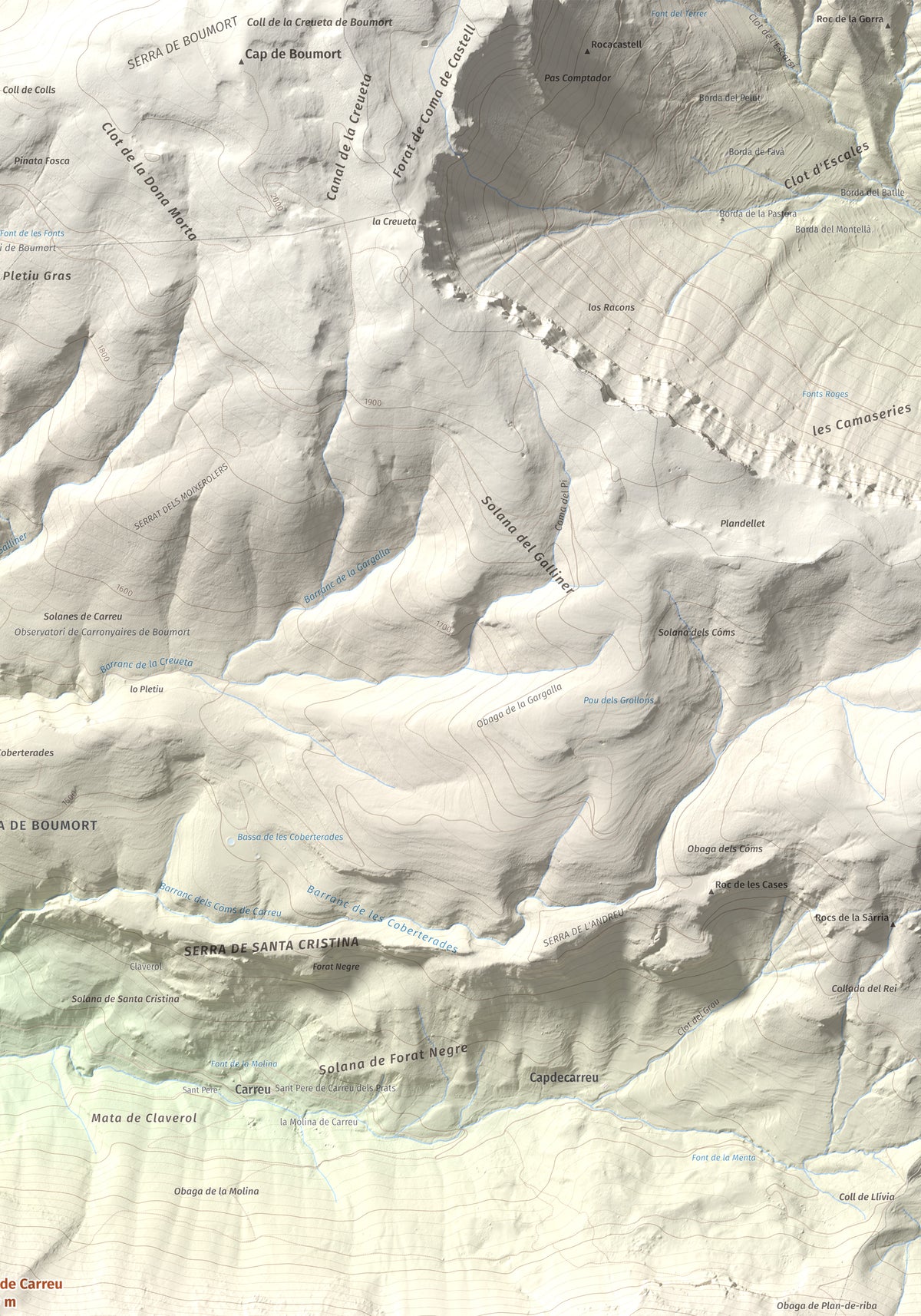 Mapa de relieve de Cap de Carreu, 1749 m, Pallars Jussà, lámina 100 Cims de Trobart. Detalle de la zona superior derecha. 70 × 100 cm.