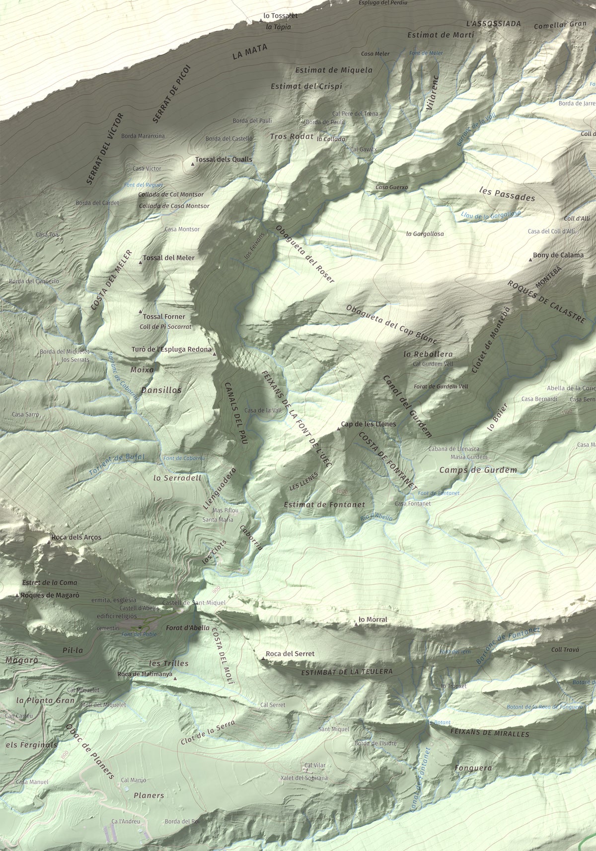 Mapa de relieve de Cap de Carreu, 1749 m, Pallars Jussà, lámina 100 Cims de Trobart. Detalle de la zona inferior izquierda. 70 × 100 cm.