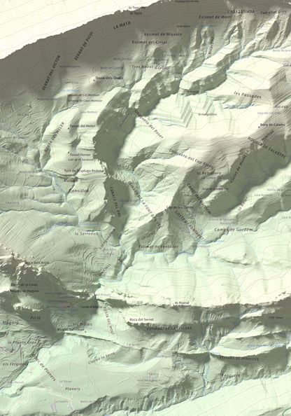 Mapa de relieve de Cap de Carreu, 1749 m, Pallars Jussà, lámina 100 Cims de Trobart. Detalle de la zona inferior izquierda. 70 × 100 cm.