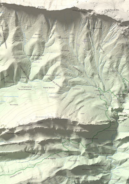 Mapa de relieve de Cap de Carreu, 1749 m, Pallars Jussà, lámina 100 Cims de Trobart. Detalle de la zona inferior derecha. 70 × 100 cm.