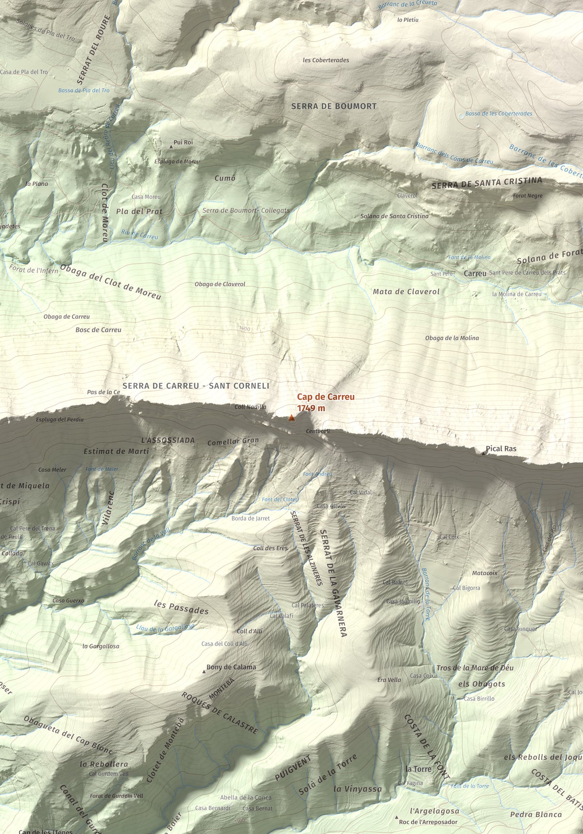 Mapa de relieve de Cap de Carreu, 1749 m, Pallars Jussà, lámina 100 Cims de Trobart. Detalle de la zona central. 70 × 100 cm.