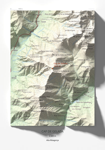 Mapa de relieve de Cap de Gelada, 2449 m, Alta Ribagorça, lámina 100 Cims de Trobart 21 × 30 cm.