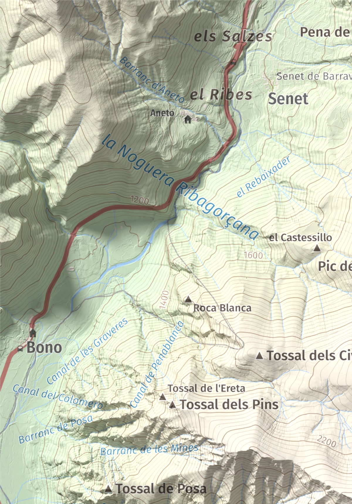 Mapa de relieve de Cap de Gelada, 2449 m, Alta Ribagorça, lámina 100 Cims de Trobart. Detalle de la zona superior izquierda. 21 × 30 cm.