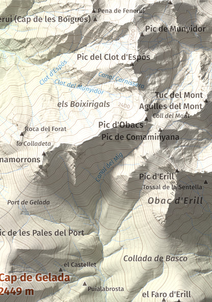 Mapa de relieve de Cap de Gelada, 2449 m, Alta Ribagorça, lámina 100 Cims de Trobart. Detalle de la zona superior derecha. 21 × 30 cm.