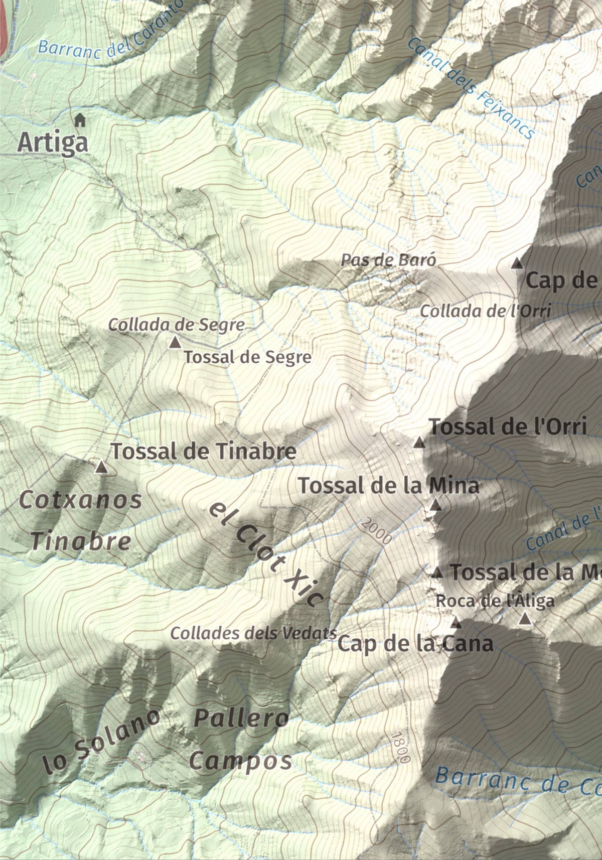 Mapa de relieve de Cap de Gelada, 2449 m, Alta Ribagorça, lámina 100 Cims de Trobart. Detalle de la zona inferior izquierda. 21 × 30 cm.