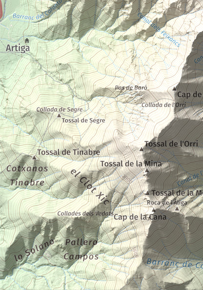 Mapa de relieve de Cap de Gelada, 2449 m, Alta Ribagorça, lámina 100 Cims de Trobart. Detalle de la zona inferior izquierda. 21 × 30 cm.