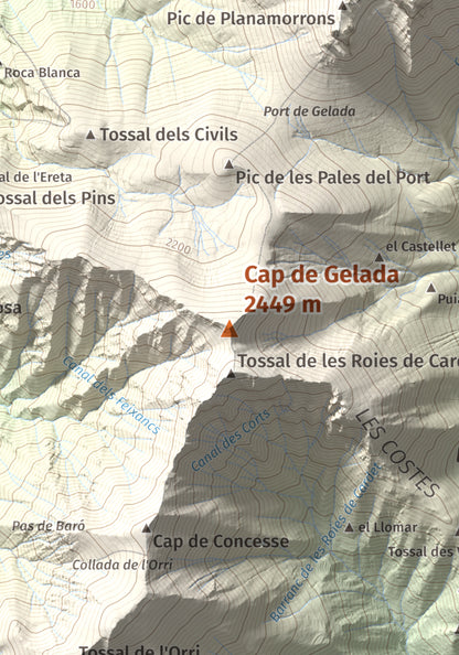 Mapa de relieve de Cap de Gelada, 2449 m, Alta Ribagorça, lámina 100 Cims de Trobart. Detalle de la zona central. 21 × 30 cm.
