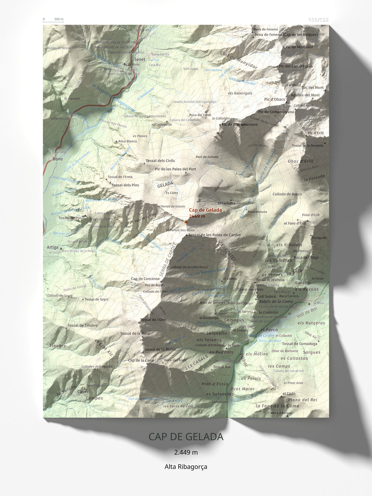 Mapa de relieve de Cap de Gelada, 2449 m, Alta Ribagorça, lámina 100 Cims de Trobart 30 × 40 cm.