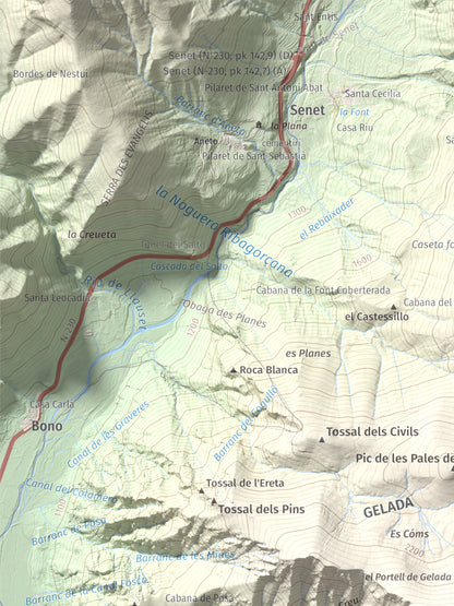 Mapa de relieve de Cap de Gelada, 2449 m, Alta Ribagorça, lámina 100 Cims de Trobart. Detalle de la zona superior izquierda. 30 × 40 cm.