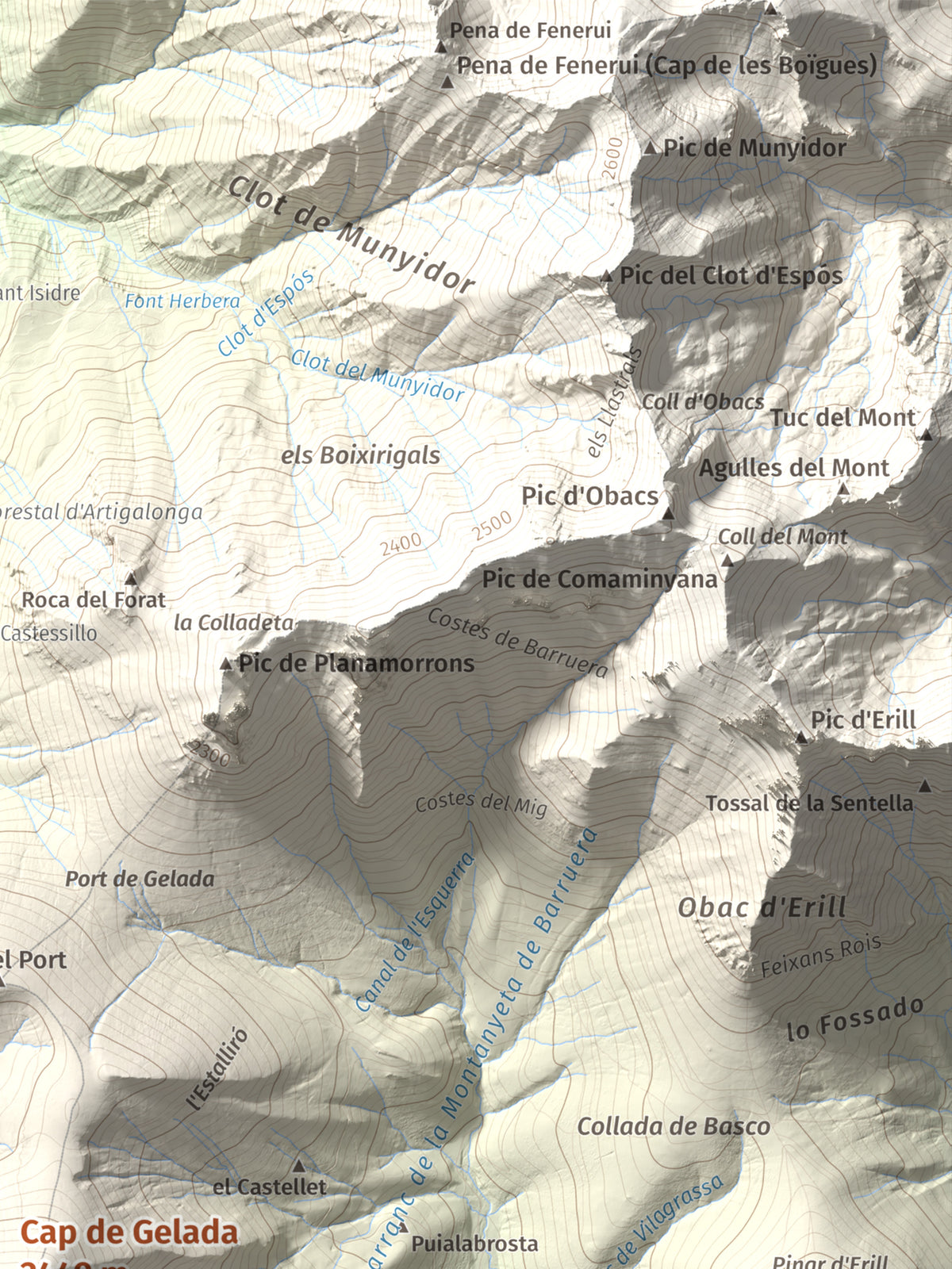 Mapa de relieve de Cap de Gelada, 2449 m, Alta Ribagorça, lámina 100 Cims de Trobart. Detalle de la zona superior derecha. 30 × 40 cm.
