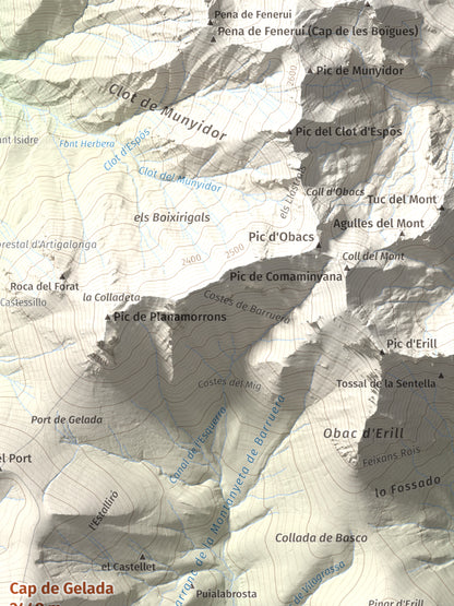 Mapa de relieve de Cap de Gelada, 2449 m, Alta Ribagorça, lámina 100 Cims de Trobart. Detalle de la zona superior derecha. 30 × 40 cm.