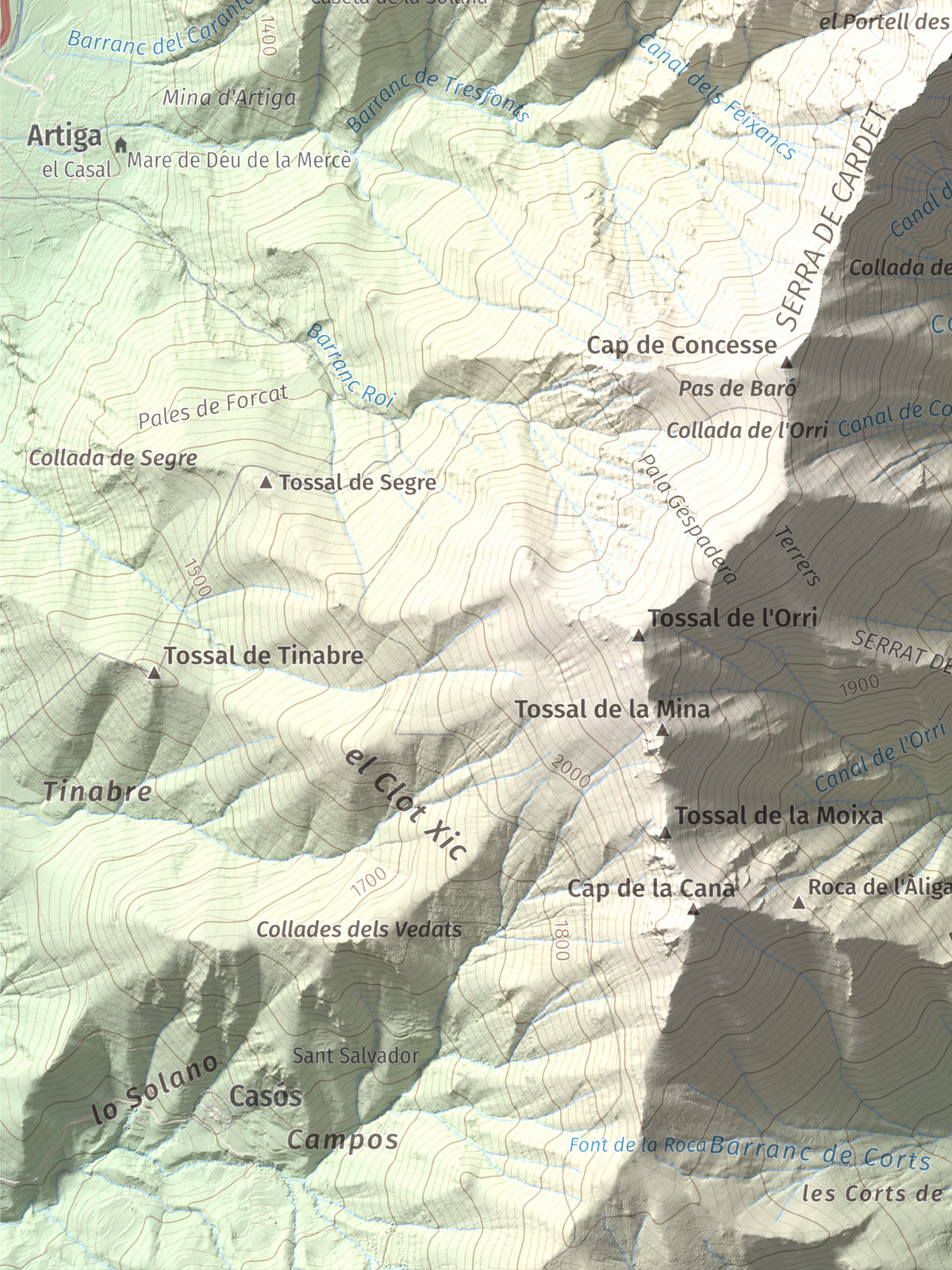 Mapa de relieve de Cap de Gelada, 2449 m, Alta Ribagorça, lámina 100 Cims de Trobart. Detalle de la zona inferior izquierda. 30 × 40 cm.