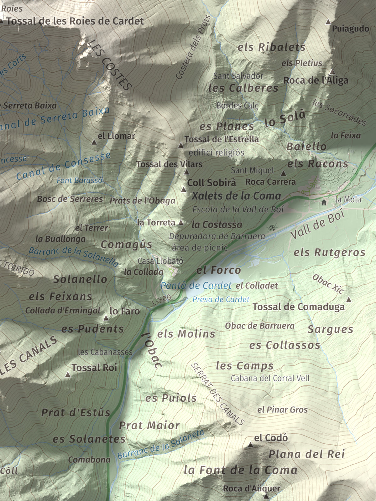 Mapa de relieve de Cap de Gelada, 2449 m, Alta Ribagorça, lámina 100 Cims de Trobart. Detalle de la zona inferior derecha. 30 × 40 cm.