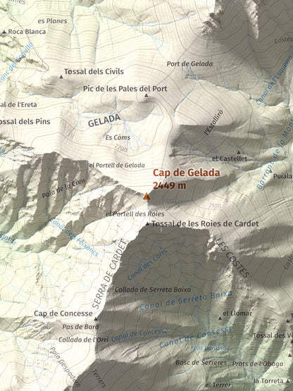 Mapa de relieve de Cap de Gelada, 2449 m, Alta Ribagorça, lámina 100 Cims de Trobart. Detalle de la zona central. 30 × 40 cm.