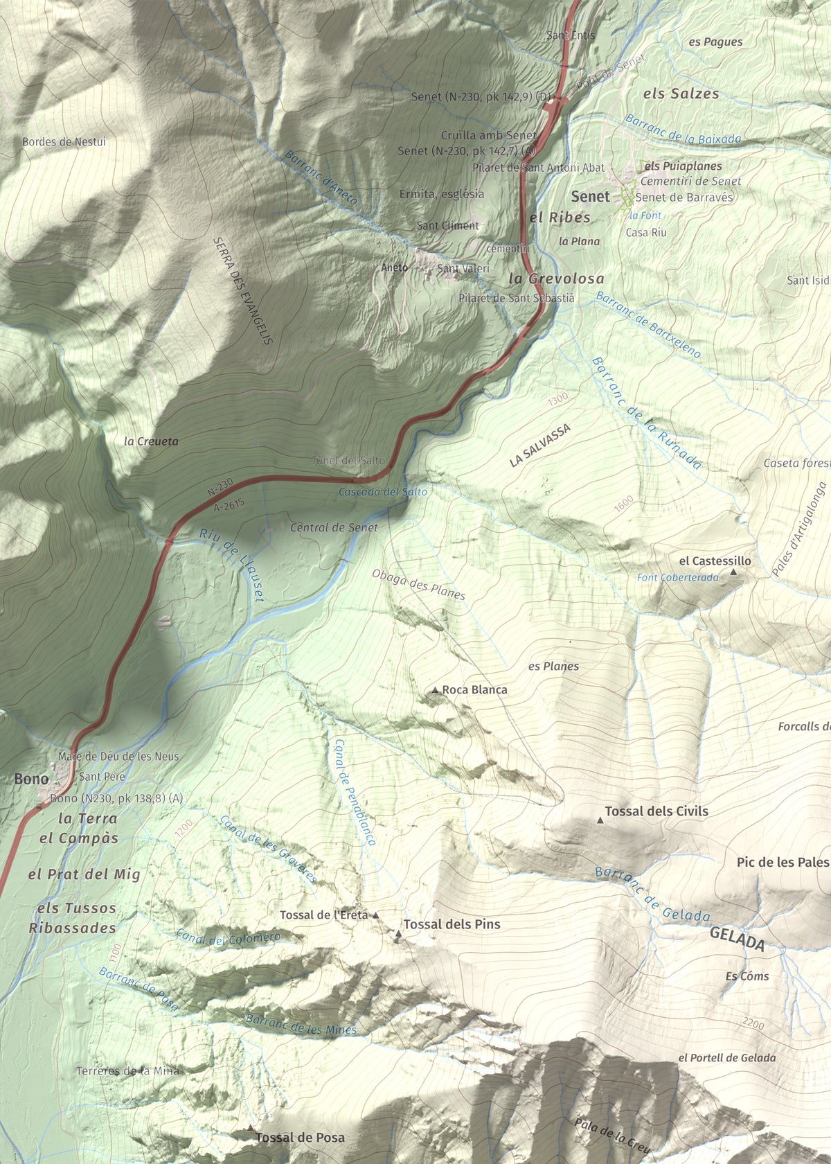 Mapa de relieve de Cap de Gelada, 2449 m, Alta Ribagorça, lámina 100 Cims de Trobart. Detalle de la zona superior izquierda. 50 × 70 cm.