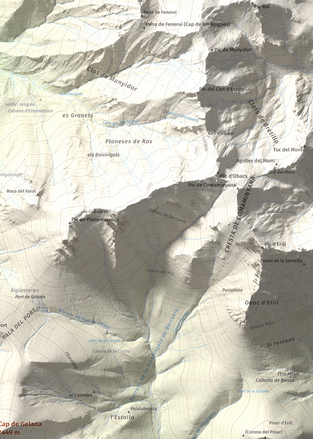 Mapa de relieve de Cap de Gelada, 2449 m, Alta Ribagorça, lámina 100 Cims de Trobart. Detalle de la zona superior derecha. 50 × 70 cm.