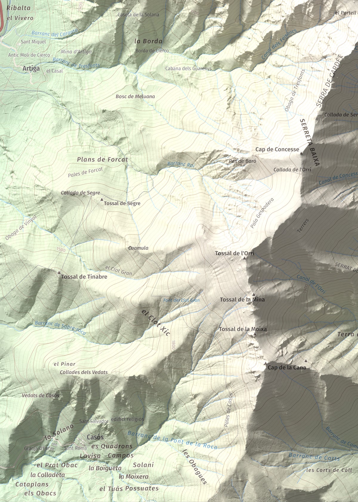 Mapa de relieve de Cap de Gelada, 2449 m, Alta Ribagorça, lámina 100 Cims de Trobart. Detalle de la zona inferior izquierda. 50 × 70 cm.