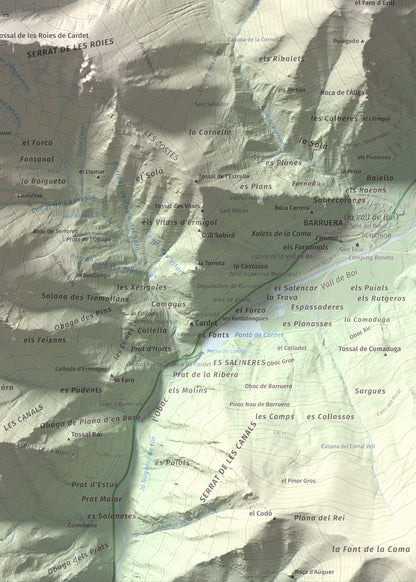 Mapa de relieve de Cap de Gelada, 2449 m, Alta Ribagorça, lámina 100 Cims de Trobart. Detalle de la zona inferior derecha. 50 × 70 cm.