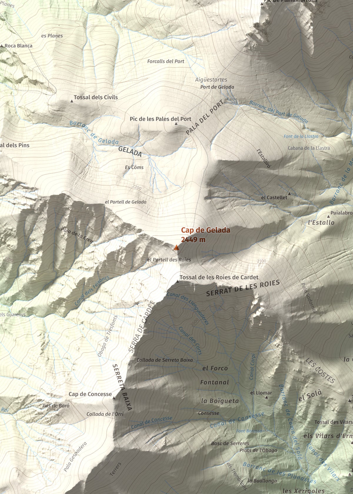 Mapa de relieve de Cap de Gelada, 2449 m, Alta Ribagorça, lámina 100 Cims de Trobart. Detalle de la zona central. 50 × 70 cm.