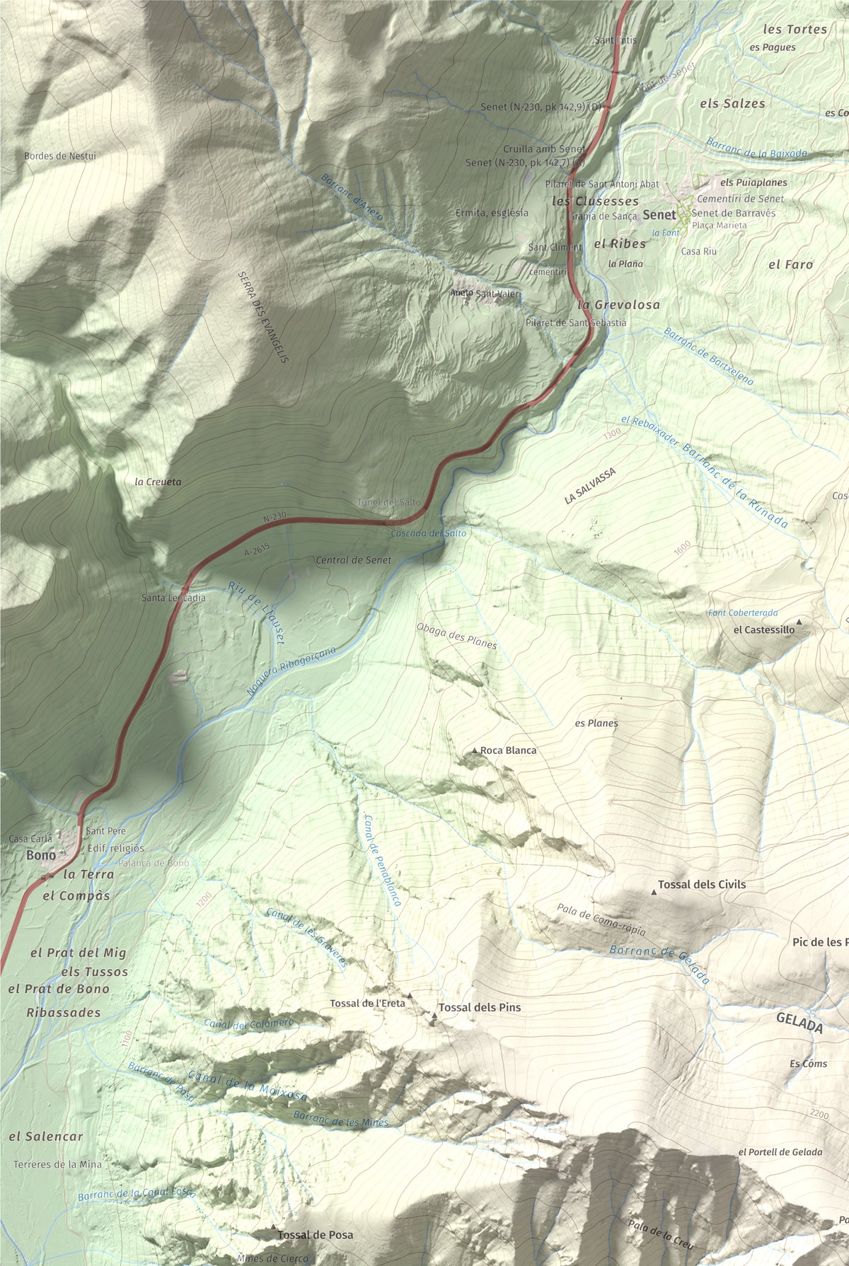 Mapa de relieve de Cap de Gelada, 2449 m, Alta Ribagorça, lámina 100 Cims de Trobart. Detalle de la zona superior izquierda. 61 × 91 cm.