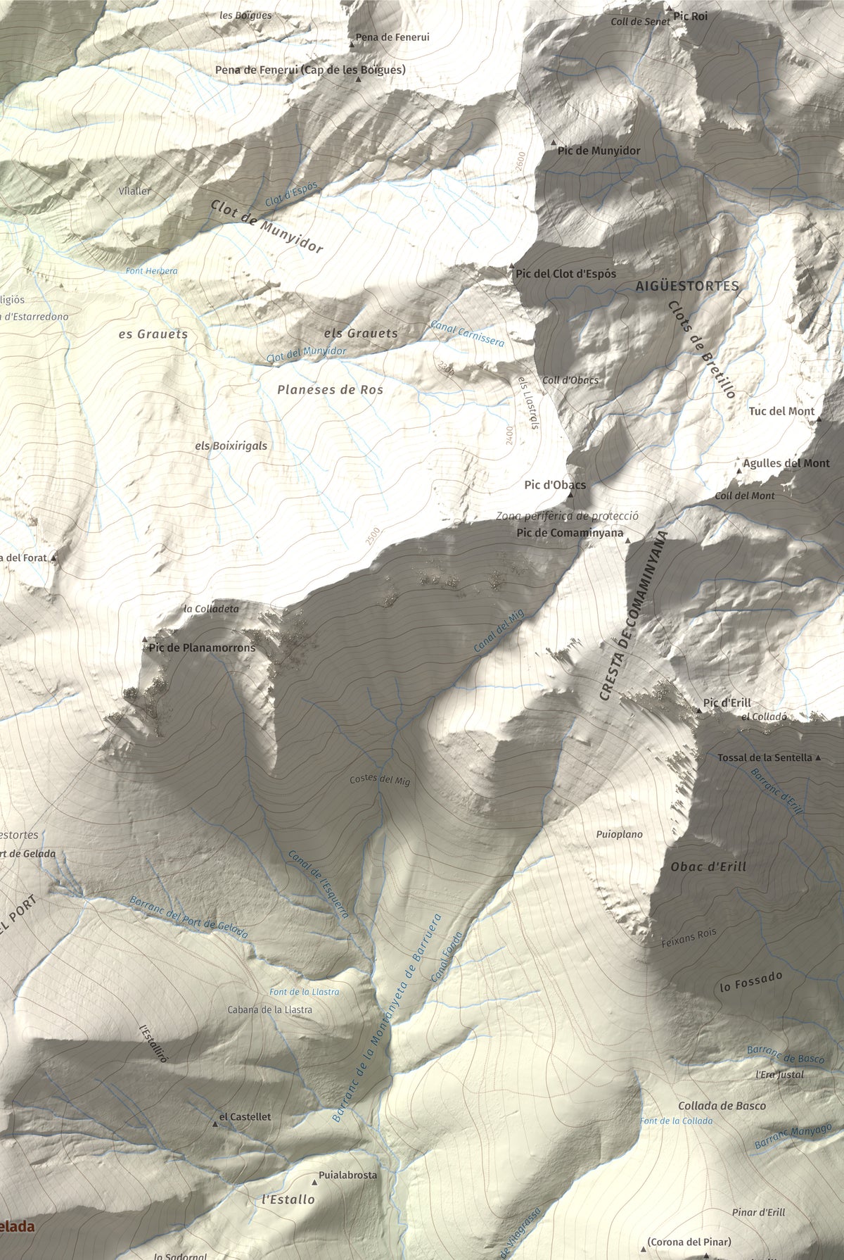 Mapa de relieve de Cap de Gelada, 2449 m, Alta Ribagorça, lámina 100 Cims de Trobart. Detalle de la zona superior derecha. 61 × 91 cm.